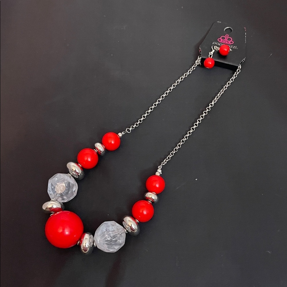 Paparazzi Vibrant Red and Silver Necklace with Earrings